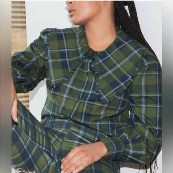 WeWoreWhat Puff Sleeve Plaid Oversized Collared Blouse NWT Academia - Picture 3 of 12